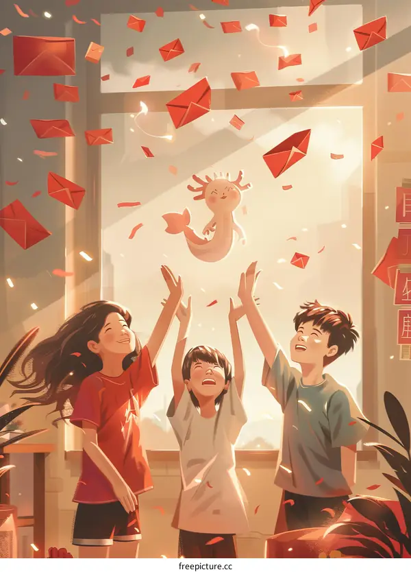 Three happy children catching red envelopes