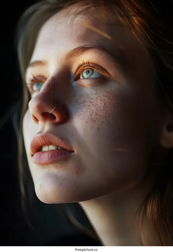 Close Up Portrait of Woman with Freckles and Blue Eyes