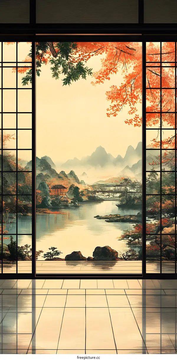 Japanese Style Room With Window View of Mountains and Lake