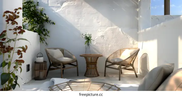 Minimalist Patio With Wicker Chairs and Table