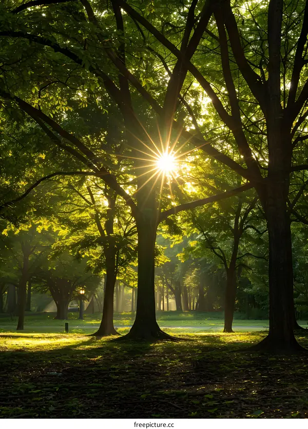 Sunlight shining through the trees in a park