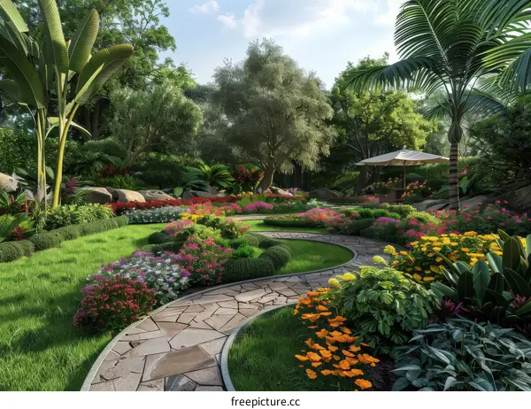 Colorful Landscaping with Stone Slab Path