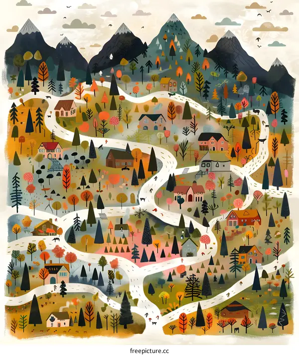 Illustrated Winding Road Through Autumnal Forest
