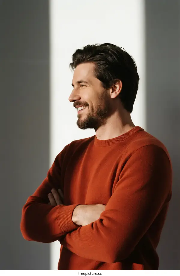 Smiling man with crossed arms wearing a red sweater