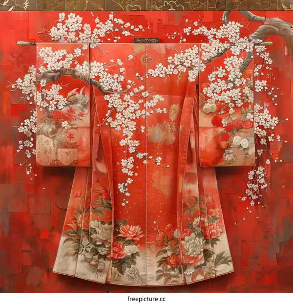 A kimono with a red background and white cherry blossoms