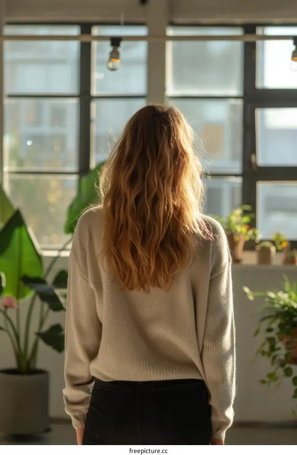 A woman standing in front of a window with plants