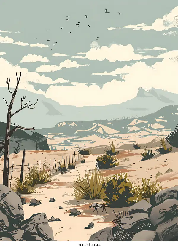 Desert Landscape With Sky and Mountains Illustration