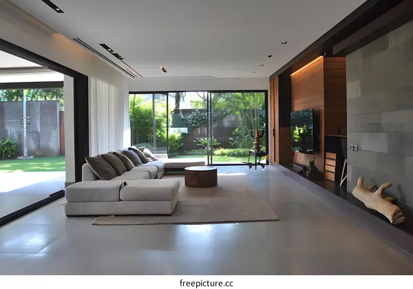 Modern Living Room Interior Design with Large Windows and Minimalist Furniture