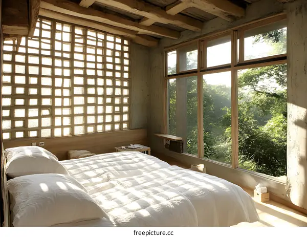 Modern Bedroom Interior Design with Large Windows and Wooden Beams