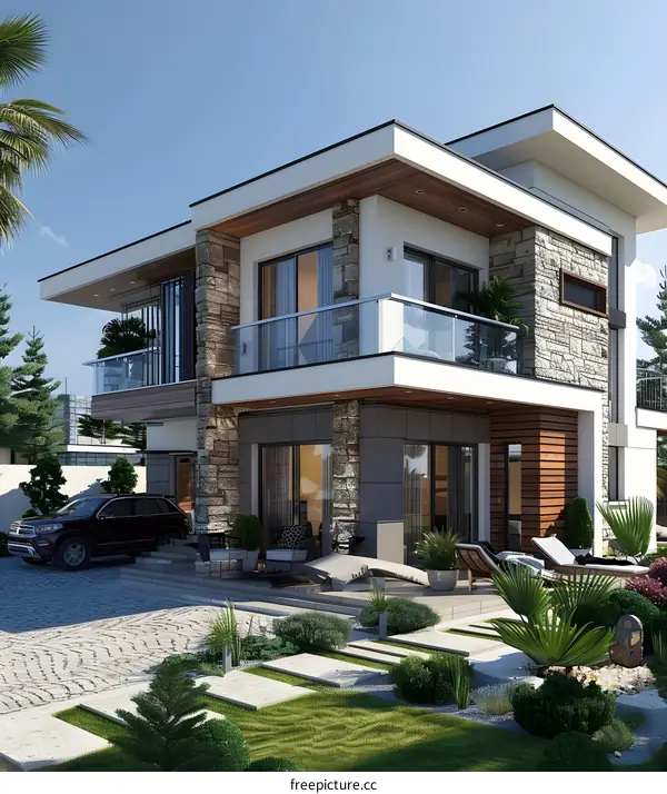 Modern Two Story House with Stone and Wood Accents