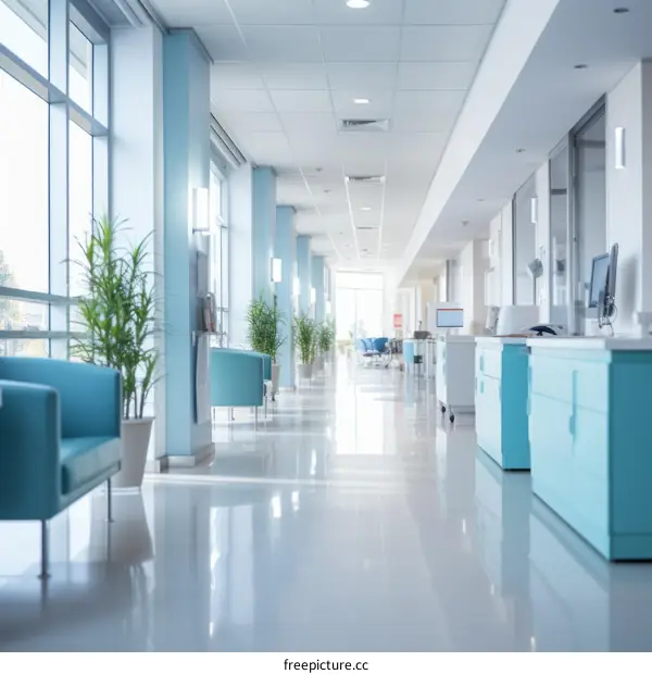 Hospital hallway with blue walls and large windows