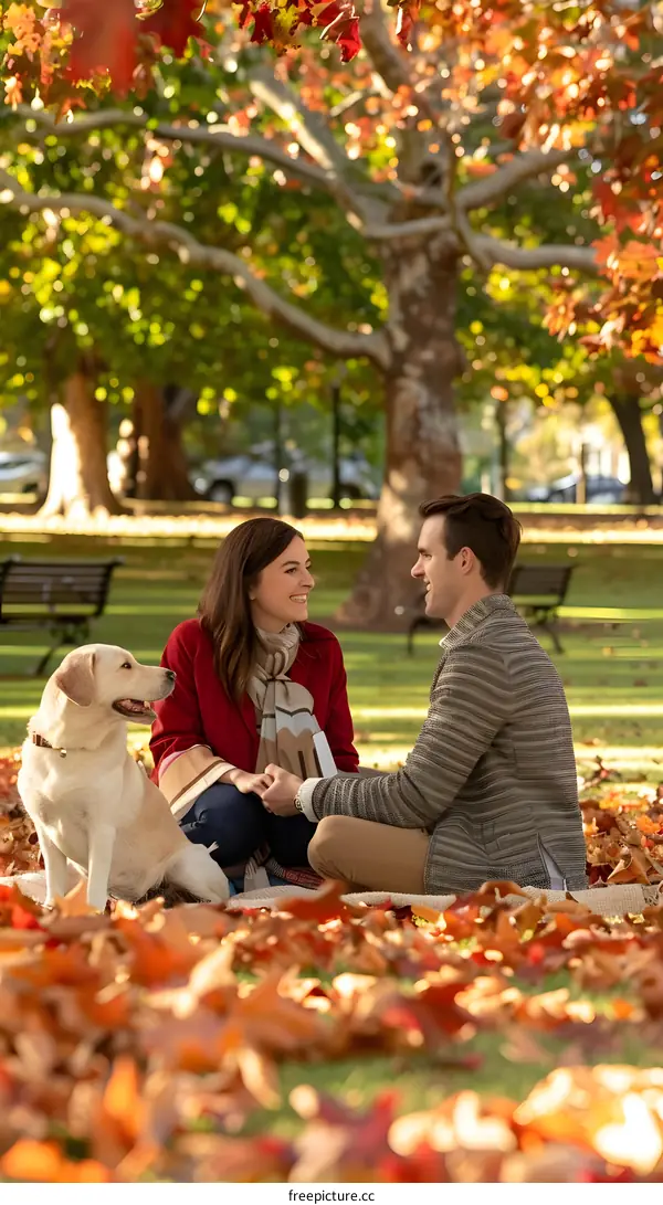 Couple with Dog on Fall Leaves