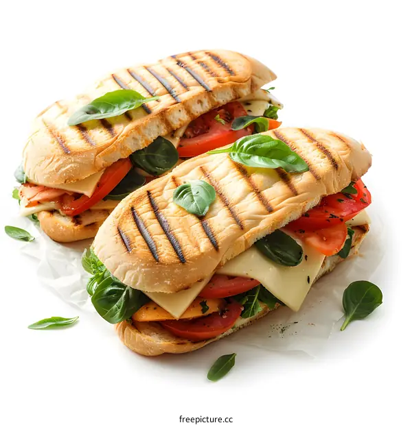 two sandwiches with cheese, tomato and basil on white background