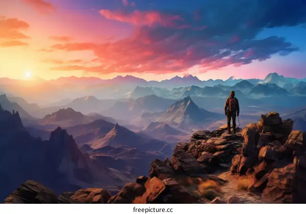 A hiker stands on a mountaintop overlooking a vast landscape of mountains and valleys