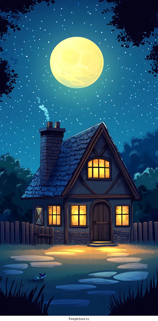 Night Sky Cottage Illustration with Full Moon and Stars