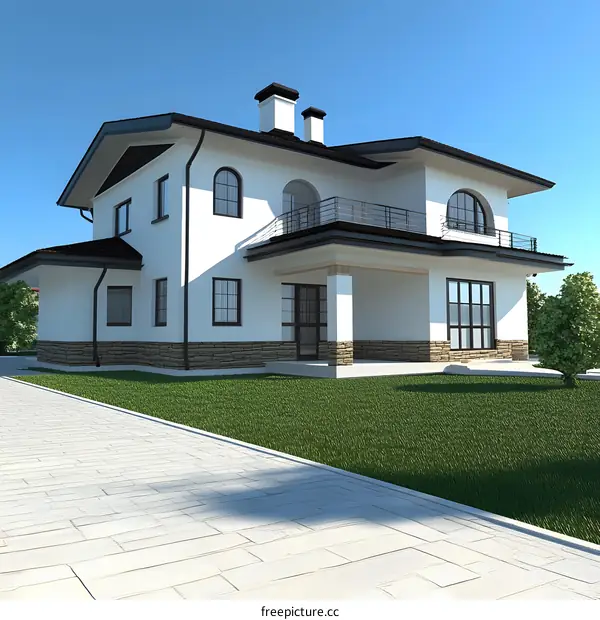 Modern White House with Black Roof and Lawn