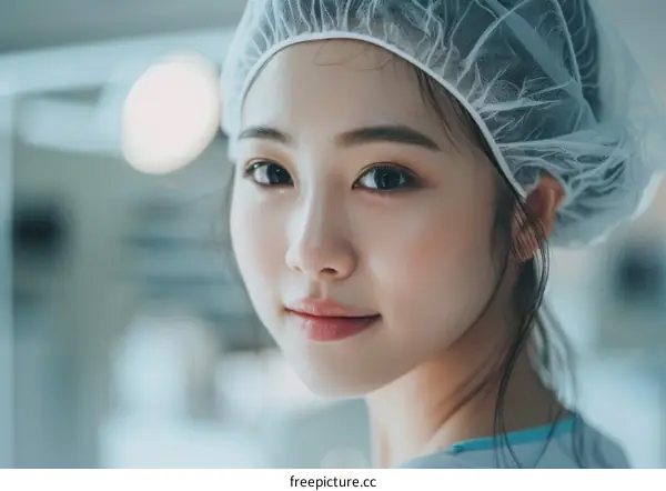Portrait of a young Asian female doctor wearing a surgical cap