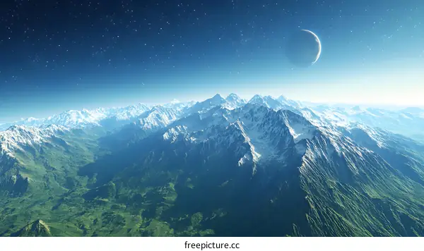 Snow Covered Mountains Landscape with Blue Sky and Starry Night