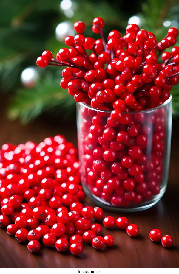 Red berries in a glass vase and spilled on the table