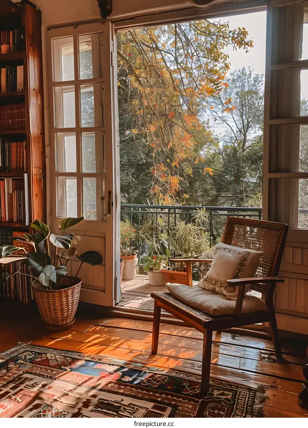 Wooden Chair Near Window With View Of Trees