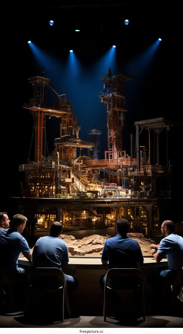 An intricate model of an industrial plant with five men seated in front of it