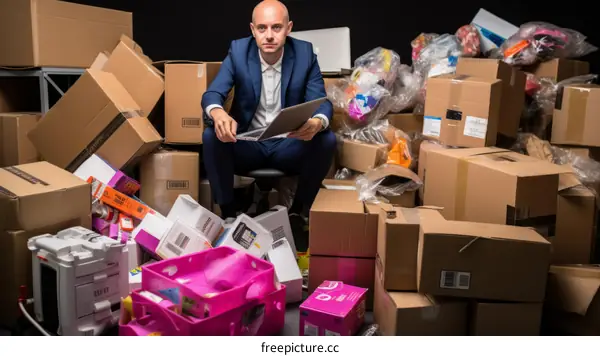 a man sitting on a pile of boxes in a warehouse