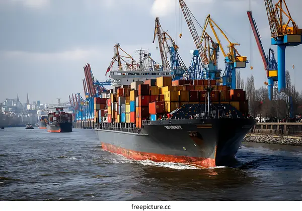 Container Ship in a Busy Port Harbor