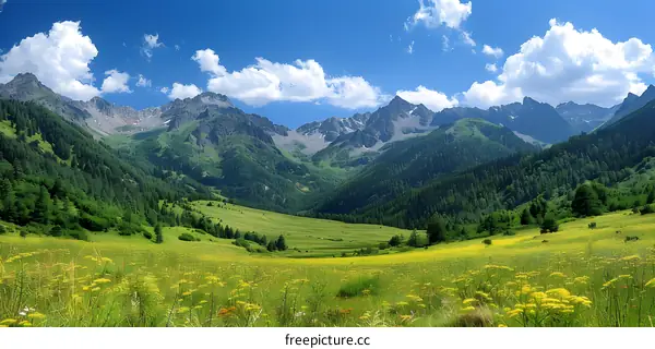 Idyllic Mountain Landscape with Green Meadow and Yellow Flowers