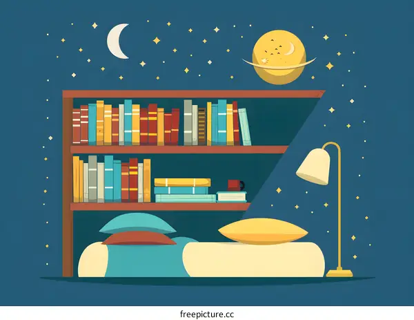 Nighttime Bedroom Interior With Bookshelf and Bed