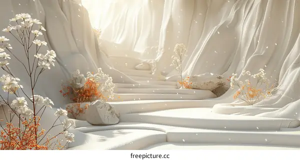 Elegant White Cavelike Steps with Floral Accents