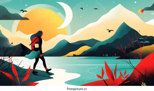 Woman Hiking Through Mountains at Sunset