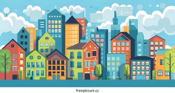 Colorful Illustration of City Buildings and Sky