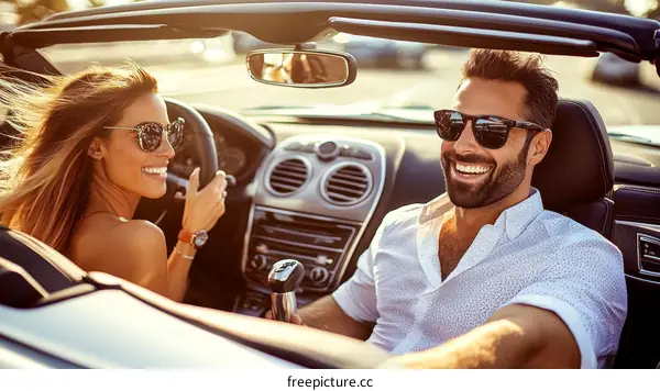 Couple Driving a Convertible Car in the Sunlight