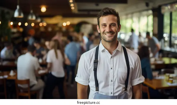 portrait of a smiling waiter in a busy restaurant