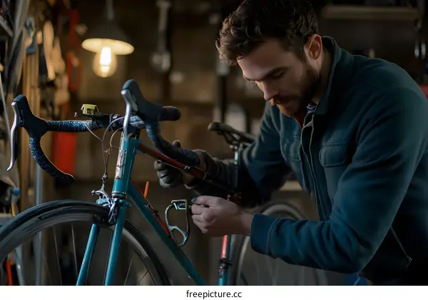 Man in Blue Shirt Working on a Blue Bicycle in a Garage