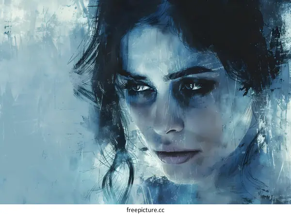 Portrait of a young woman with dark hair and blue eyes