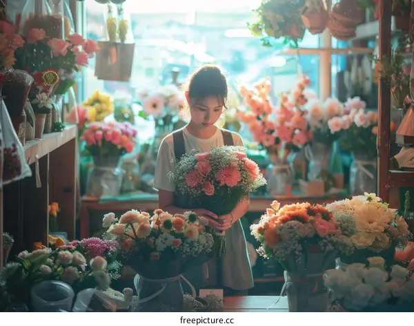 Young Asian woman arranging flowers in a flower shop