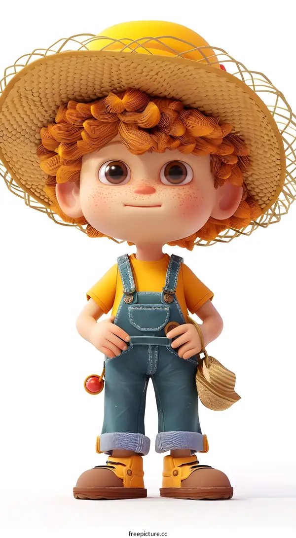 3D Cartoon Boy in Overalls and Straw Hat