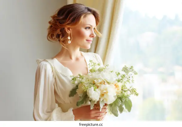 Beautiful Bride Holding a Wedding Bouquet by the Window