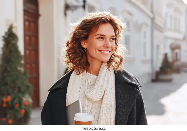Smiling Woman Walking in City Street