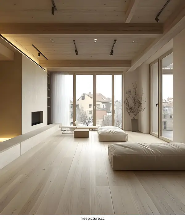 Minimalist Living Room Interior Design with Wood Beams and Large Windows