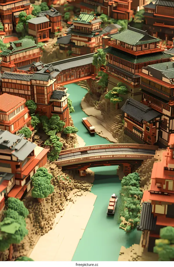 Japanese Style Miniature Cityscape with River Bridge and Boats