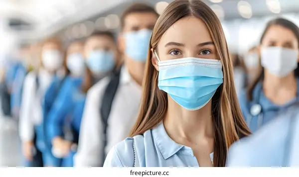 Young Woman Wearing a Face Mask in a Crowd