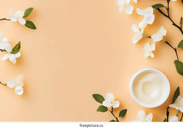 White Flowers and Cream Jar on Peach Background