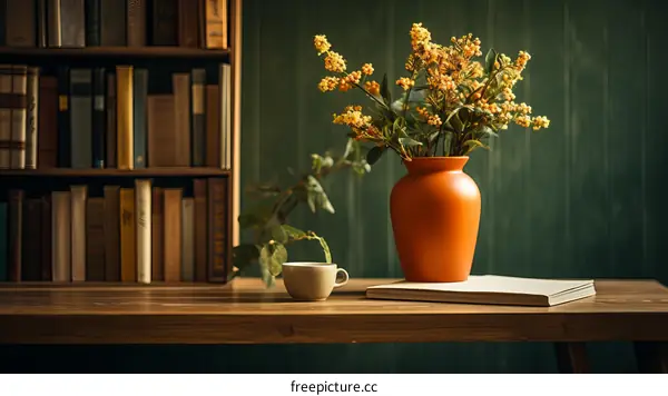 A beautiful vase of yellow flowers sits on a wooden table in front of a bookshelf.