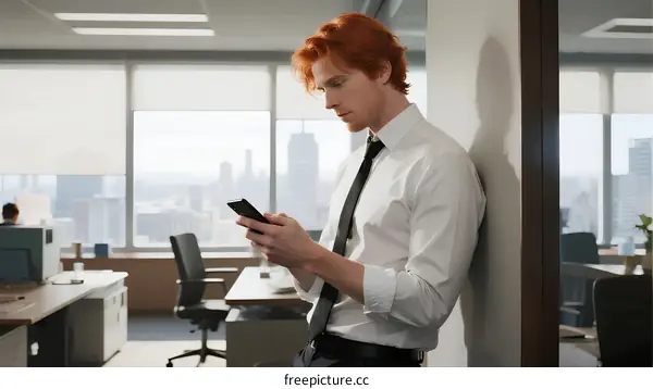 Young Red-haired Businessman Using Smartphone in Modern Office