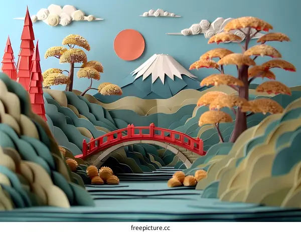 Paper Craft Japanese Landscape with Red Bridge and Mountain