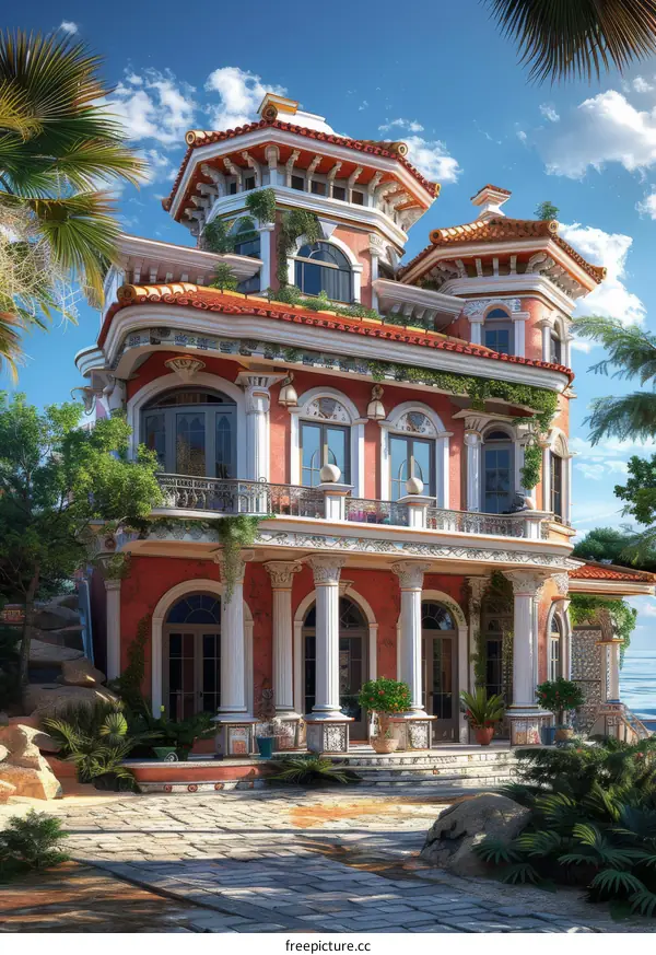 Luxury Mansion Exterior Illustration with Mediterranean Architecture