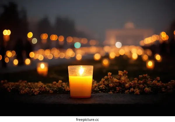 Burning Candle in the Night City Lights