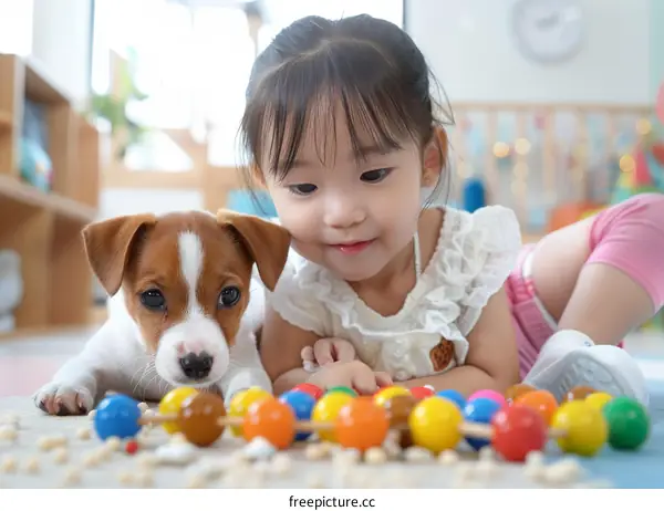 Asian toddler girl playing with a puppy